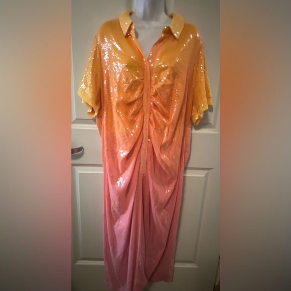 Eloquii NWT Ombre Sequin Orange & Pink Ruching Midi Dress w Front Snaps - Picture 2 of 9
